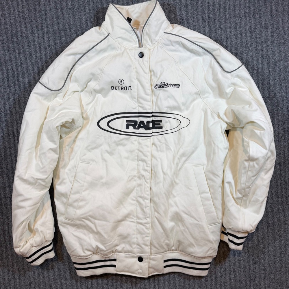 H&M Divided White Motocross Race Jacket Detroit Graphic Bomber XXS